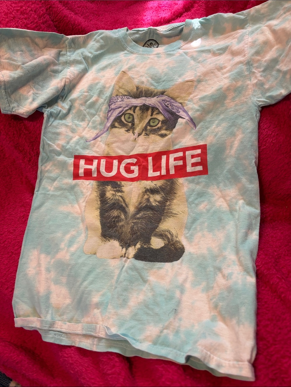 Light Blue Tie-Dye 'Hug Life' Cat Graphic Tee